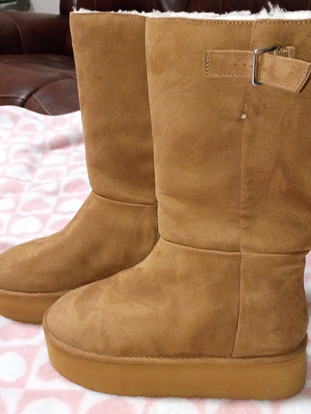 & Other Stories Tan Suede Mid-Calf Winter Boots with Shearling Trim